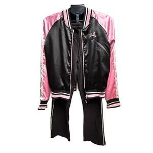 Everlast Womens Track Suit Pink Satin Rhinestones Black Size L and S Read Below